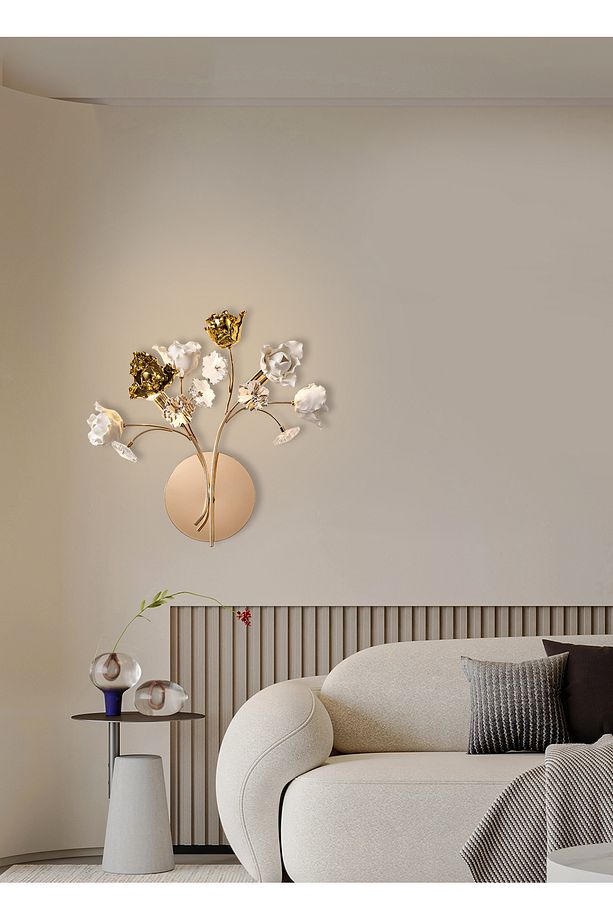 Faxon 2'li Gold Çiçek Desenli Modern Yatak Başı Salon Aplik - 1