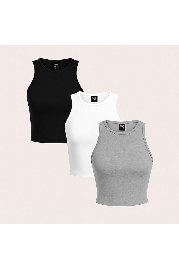 Kadın 3 lü Adet Fitilli %100 PAMUKLU Örme Kaşkorse Crop ATlet Bluz - 1
