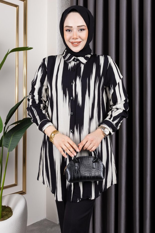 Women's Hijab Clothing & Sportswear Suitable Front Button Detail Stylish Patterns Woven Viscose Shirt-Tunic