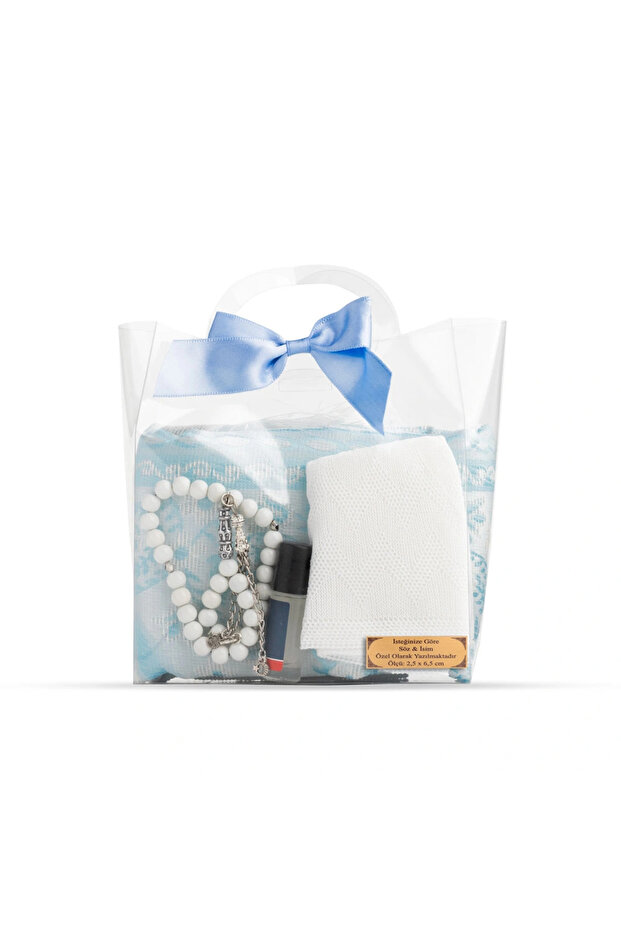Prayer Rug + Rosary + Skullcap + Essence Gift Set (Acetate Box with Bag, Blue)