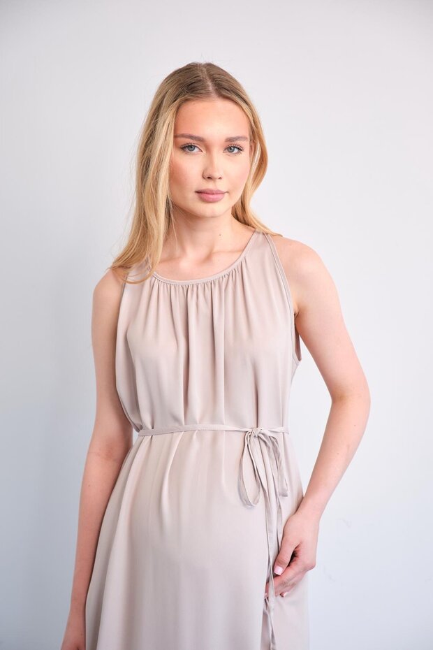 Maternity Waist Lace-Up Zero Sleeve Midi Length Satin Dress Beige