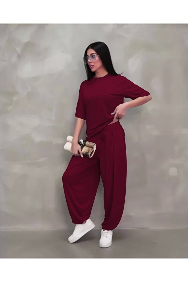 Soft Textured Fabric Oversize Crew Neck T-Shirt Jogger Sweatpants Tracksuit Set - Claret Red
