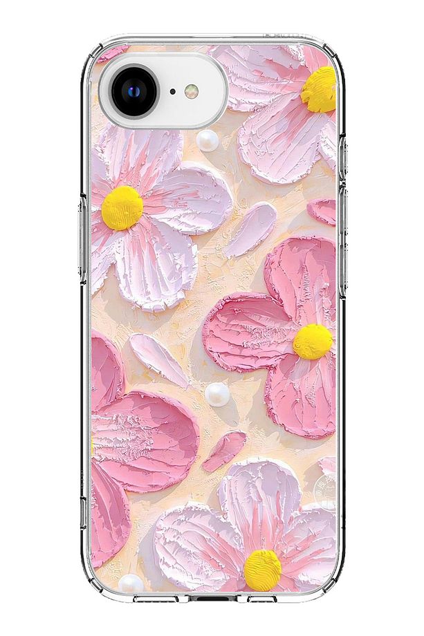 iPhone 16E Uyumlu Pembe Beyaz Çiçekler Sulu Boya Şeffaf Silikon Kılıf - 1