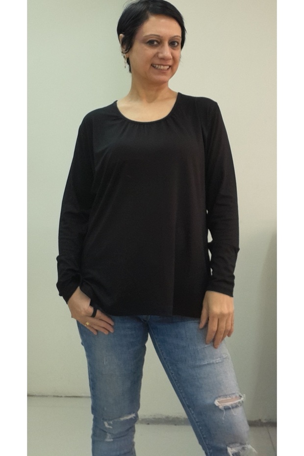 Gathered Collar Long Sleeve Black Combed Cotton Viscose T-Shirt