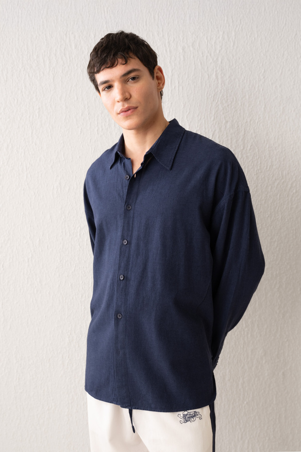 Draped Linen Navy Blue Shirt