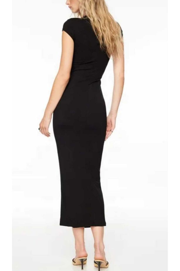 kadın bodycon kuş kollu zarif midi boy kalem fitilli kumaş elbise - 3