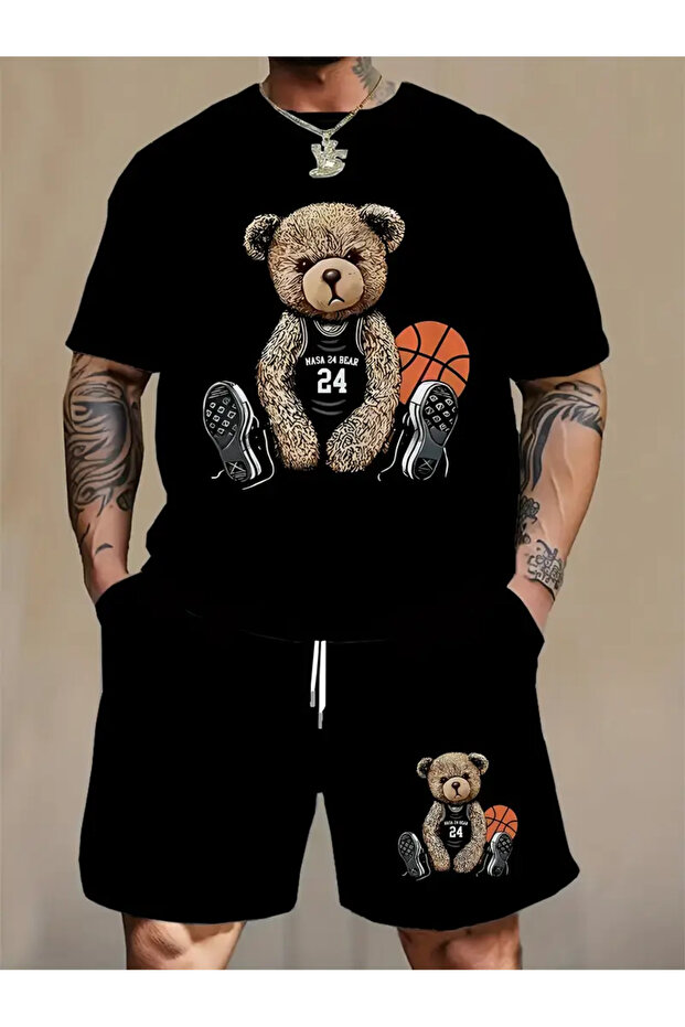 Plus Size Men's Bear Graphic Printed T-Shirt & Shorts