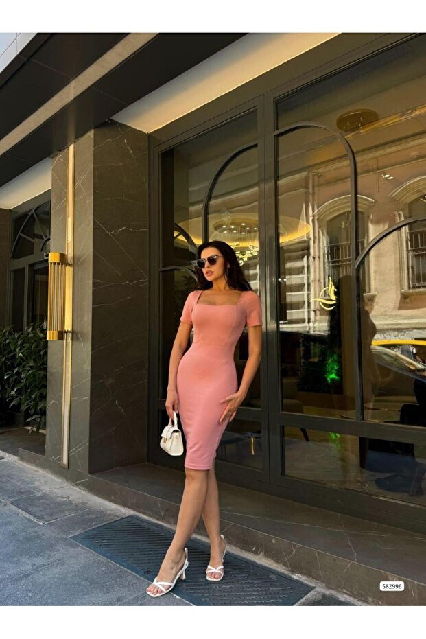 Kare Yaka Mini Basıc Elbise 582996 Gülkurusu - 1
