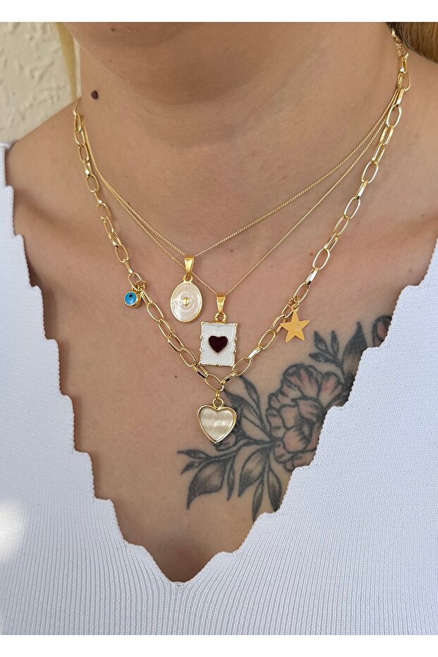 Gold Triple Enamel Figured Women's Set Necklace