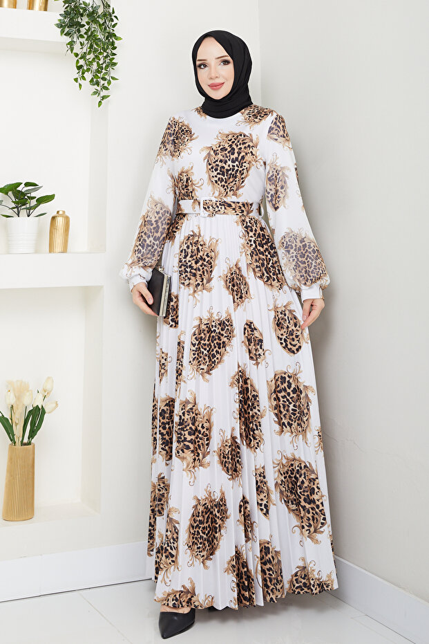 Women's Printed Pleated Belted Dress