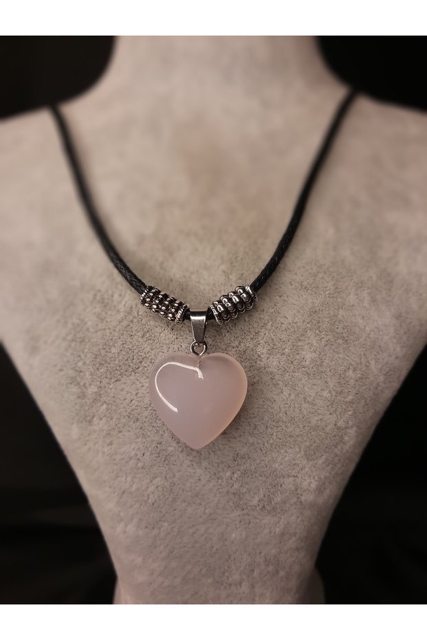 Natural Pink Quartz Heart Necklace - Black Leather Rope - Love and Positive Energy Stone