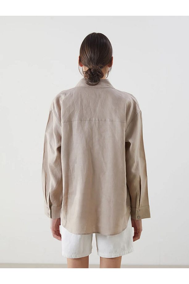 LCW Vision Bej Oversize Keten Kadın Gömlek - 4
