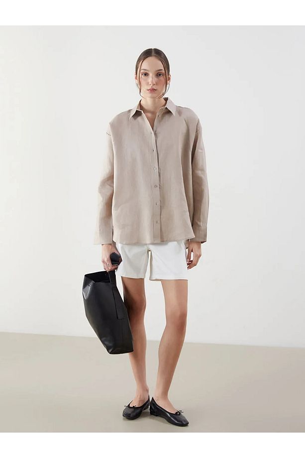 LCW Vision Bej Oversize Keten Kadın Gömlek - 2
