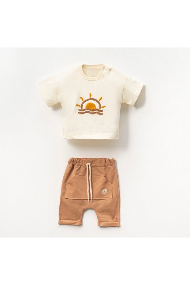 Cotton Baby Boy Summer Shorts T-Shirt Suit Moon Sun Themed Süzene Embroidered