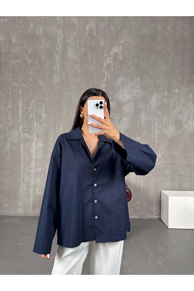 Lacivert Poplin Oversize Gömlek Gaus00066 - 1