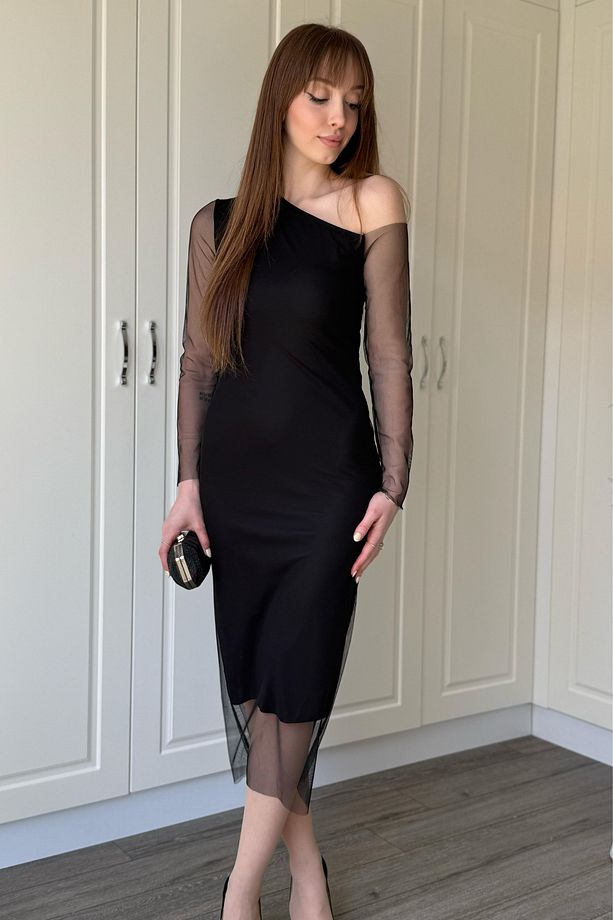 Siyah Midi Tül Elbise - 5