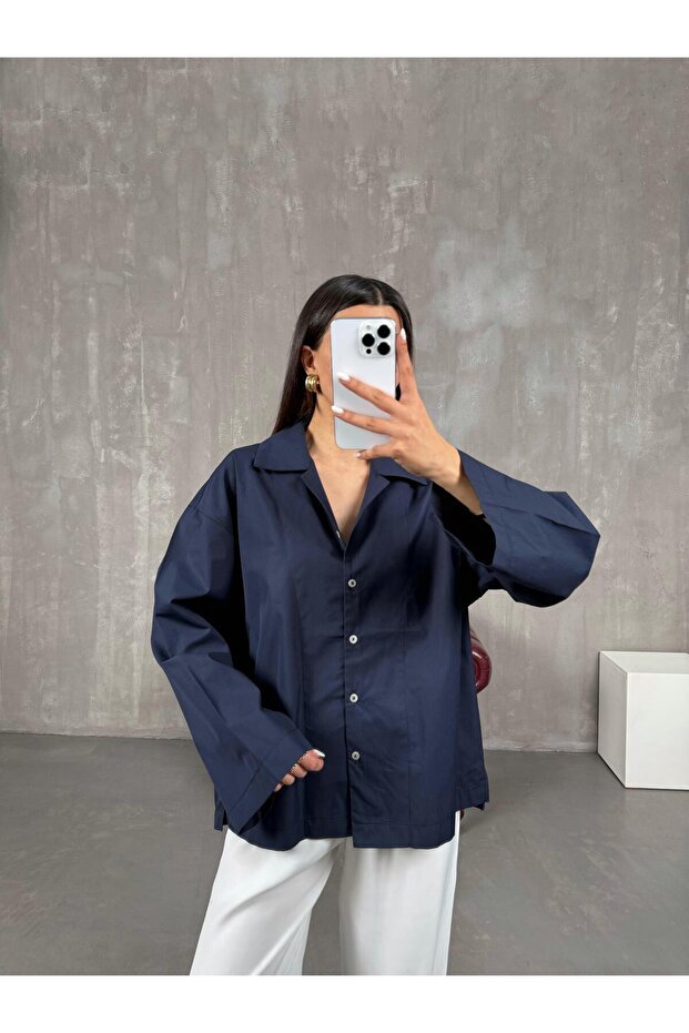 Lacivert Poplin Oversize Gömlek Gaus00066 - 3