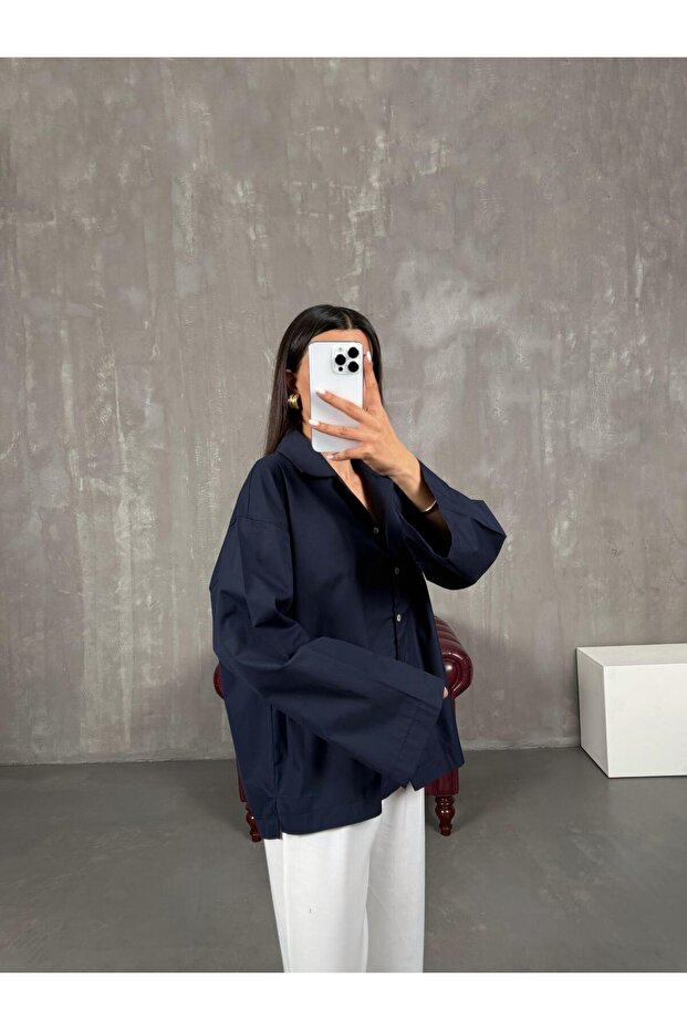 Lacivert Poplin Oversize Gömlek Gaus00066 - 2