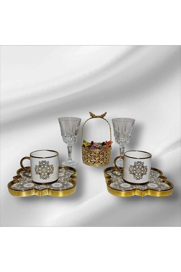 2 Kişilik Şık Fincan Takımı & Gold Lokumluk & 2 Adet Kahve Yanı Su Bardağı - 1