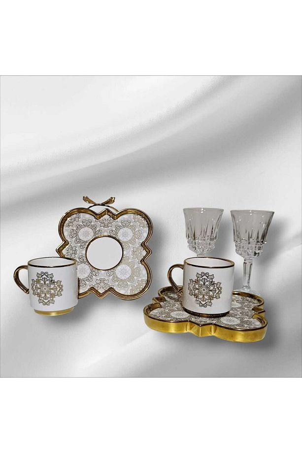 2 Kişilik Şık Fincan Takımı & Gold Lokumluk & 2 Adet Kahve Yanı Su Bardağı - 2