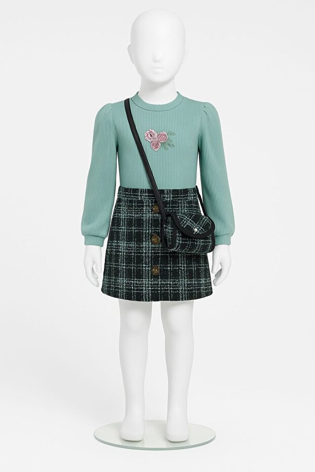 Girl's Floral Embroidered Knitwear Blouse and Plaid Patterned Buttoned Skirt Set
