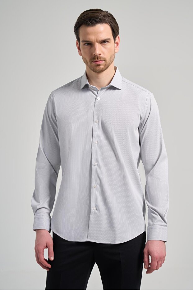 Men's Long Sleeve Striped Pattern Hard Collar Flexible Slim Fit Shirt 1004250158