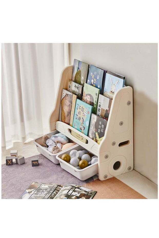 2-in-1 children's bookshelf,trapezoidal structure design,4 layers,with 2 toy storage boxes,beige - 8