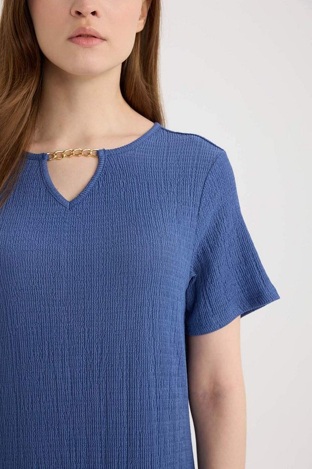 Regular Fit Apaş Yaka Basic Düz Bürümcük Kısa Kollu Midi Yazlık Elbise D3834ax25sm - 5