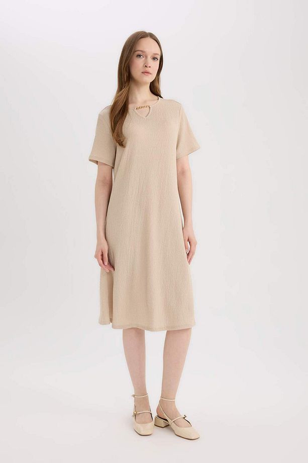 Regular Fit Apaş Yaka Basic Düz Bürümcük Kısa Kollu Midi Yazlık Elbise D3834ax25sm - 3