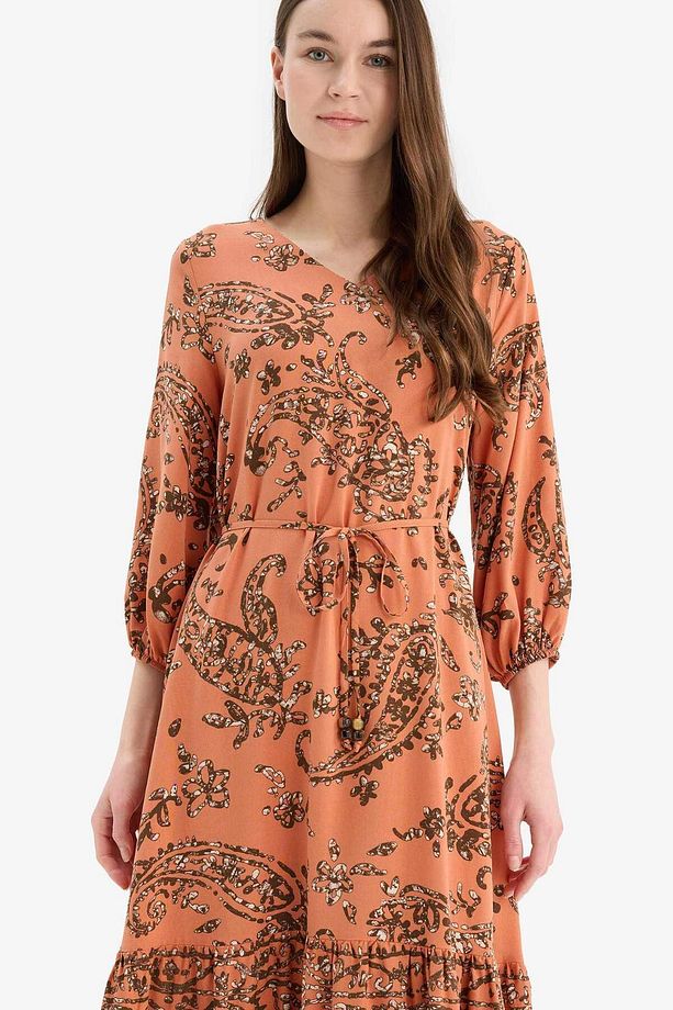 Regular Fit V Yaka Çiçek Desenli Yarım Kollu Midi Elbise F0985ax25sm - 4