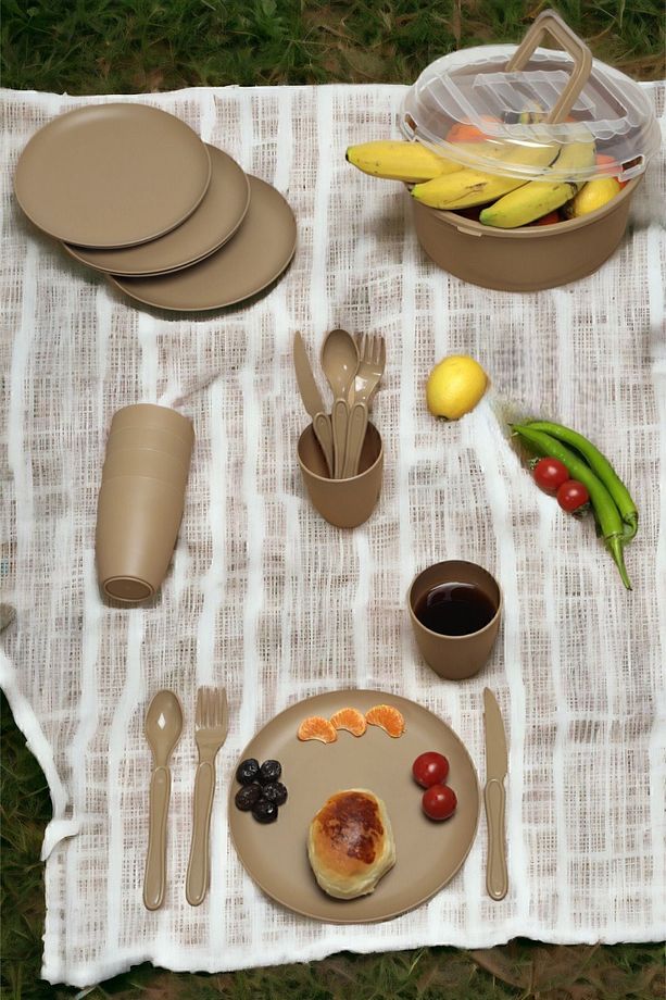 6 Kişilik 32 Parça Piknik Seti Plastik Bardak Çatal Kaşık Bıçak Yemek Kahvaltı Takımı-Kahver - 1