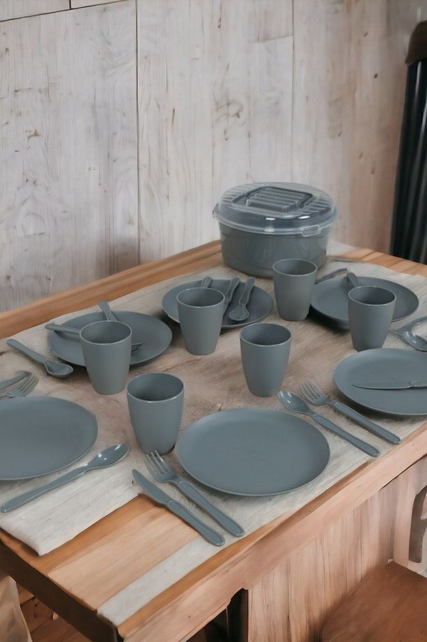 6 Kişilik 32 Parça Piknik Seti Plastik Bardak Çatal Kaşık Bıçak Yemek Kahvaltı Takımı-Gri - 3