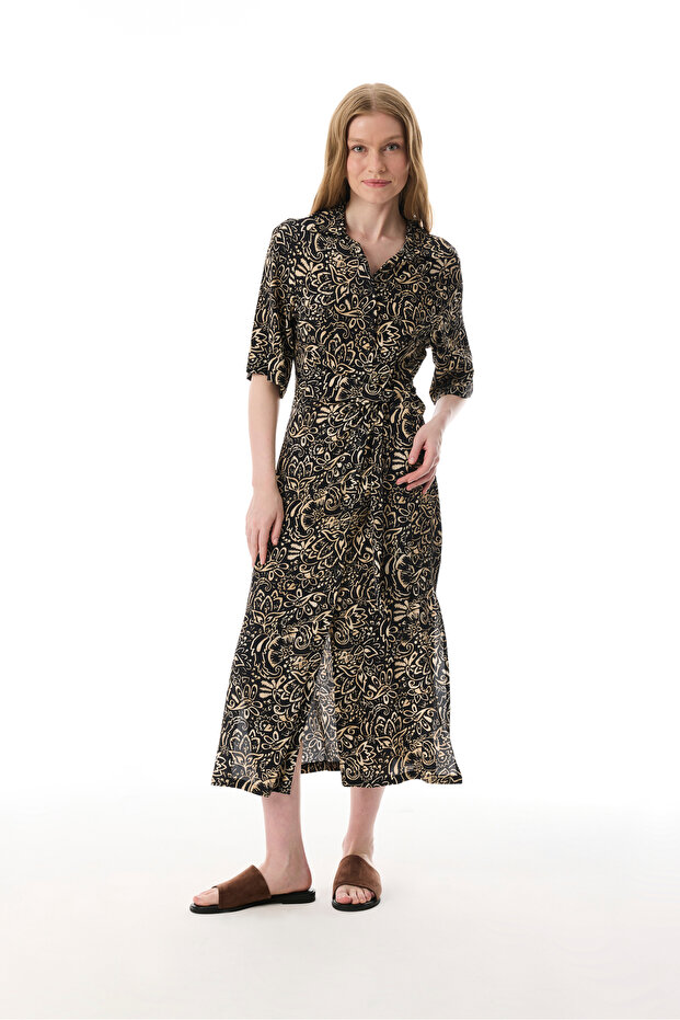 Women's Black Ethnic Printed Long Dress with Tie Detail