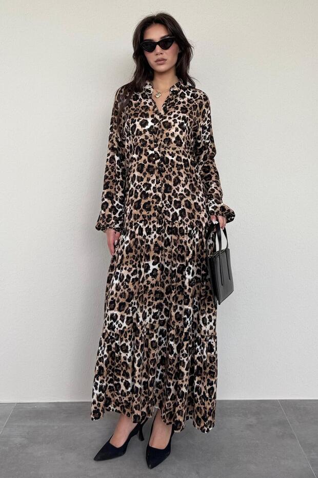 Brown Leopard Print Buttoned Women's Dress Mg2399