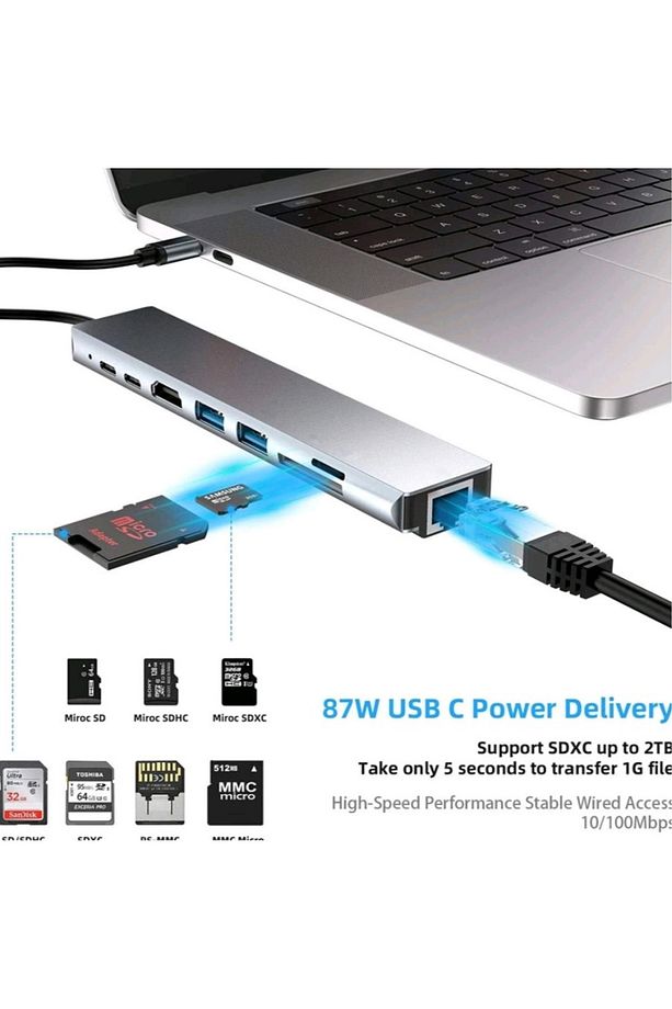 8in1 Type-C HDMI ETHERNET Çevirici Hub Çoğaltıcı HDMI 4K/RJ45/USB/TF/TYPEC Giriş - 4