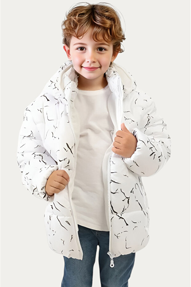 Boys White Removable Hooded Water & Windproof Winter Puffer Jacket & Coat & Parka with Pockets