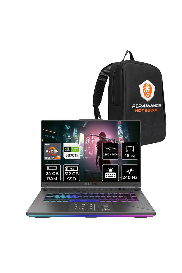 ROG Strix G16 R9 9955HX 24GB 512GB SSD RTX5070Ti/12GB 140W 240HZ 16'' 2.5K FDOS Gaming & PER4 - 1