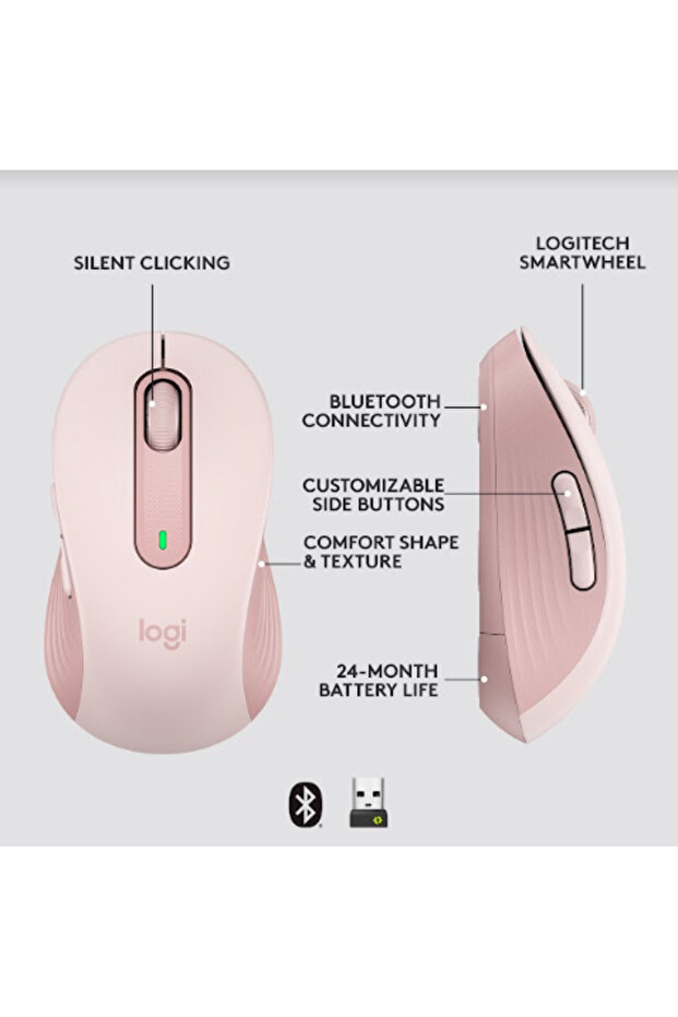 Logitech Signature M650 L Left Wireless Mouse, Bluetooth/USB, recommended for left-handed users (Pink) - 8