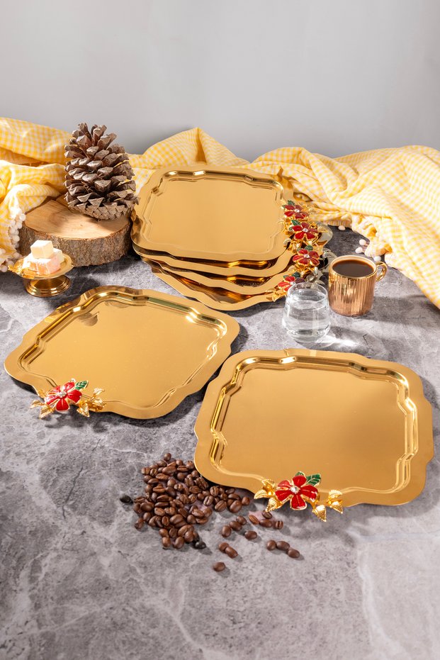 6-Piece Luxury Gold Daisy Tray Red Flower Model Stainless Steel Tea, Coffee, Serving Presentation Tray