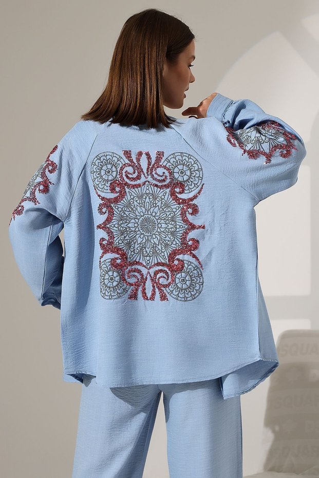 Women's Two-Piece Kimono & Kaftan Top and Bottom Set with Sequin Embroidery Detail on Back and Sleeves
