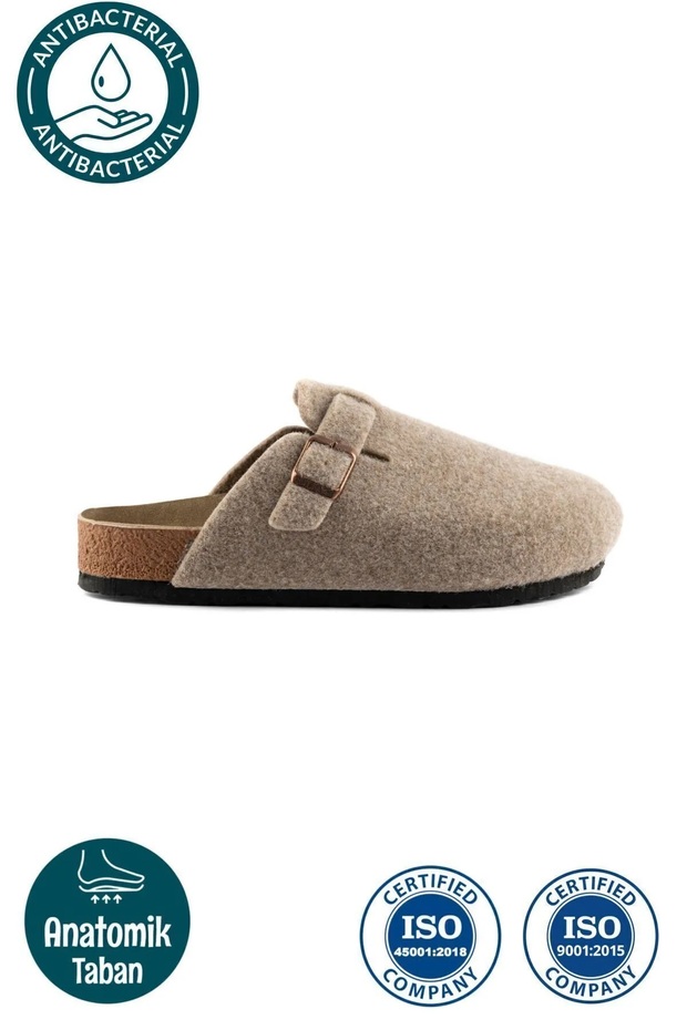 Women's Men's Unisex Cork Sole Felted Comfort Model Winter Closed Front Felt Model Sabo Daily Comfortable Home Slippers Beige