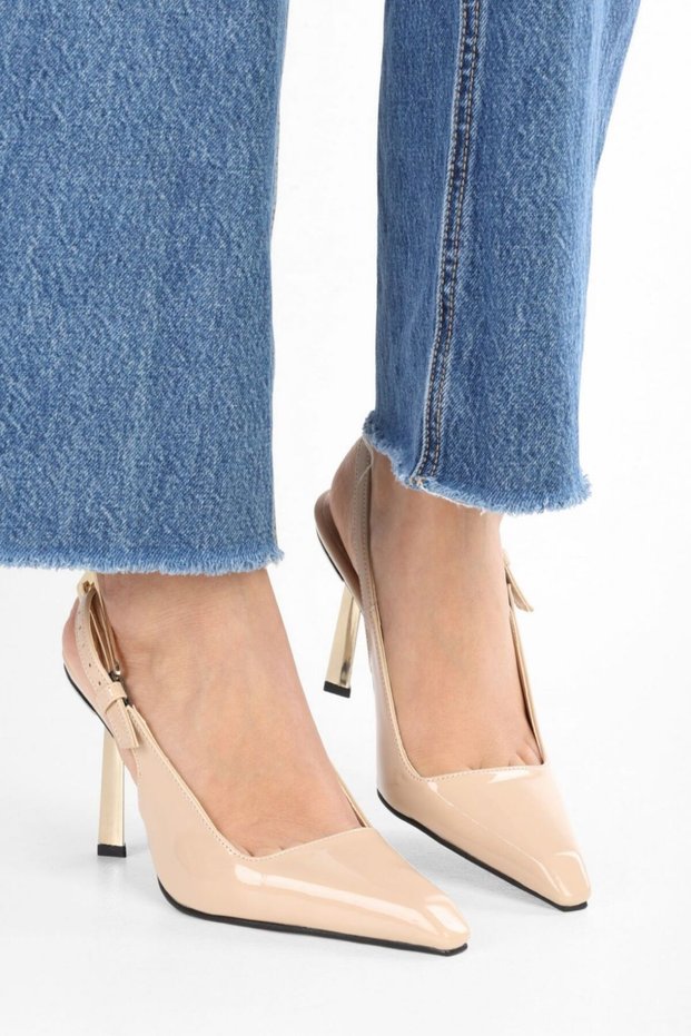 Kendall Women's Patent Leather Blunt Toe Belted Stiletto Nude Color