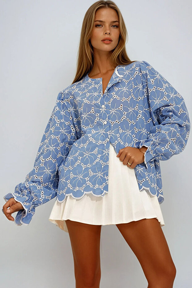 Women's Blue Button Detailed Embroidered Balloon Sleeve Blouse Vgn-X10694