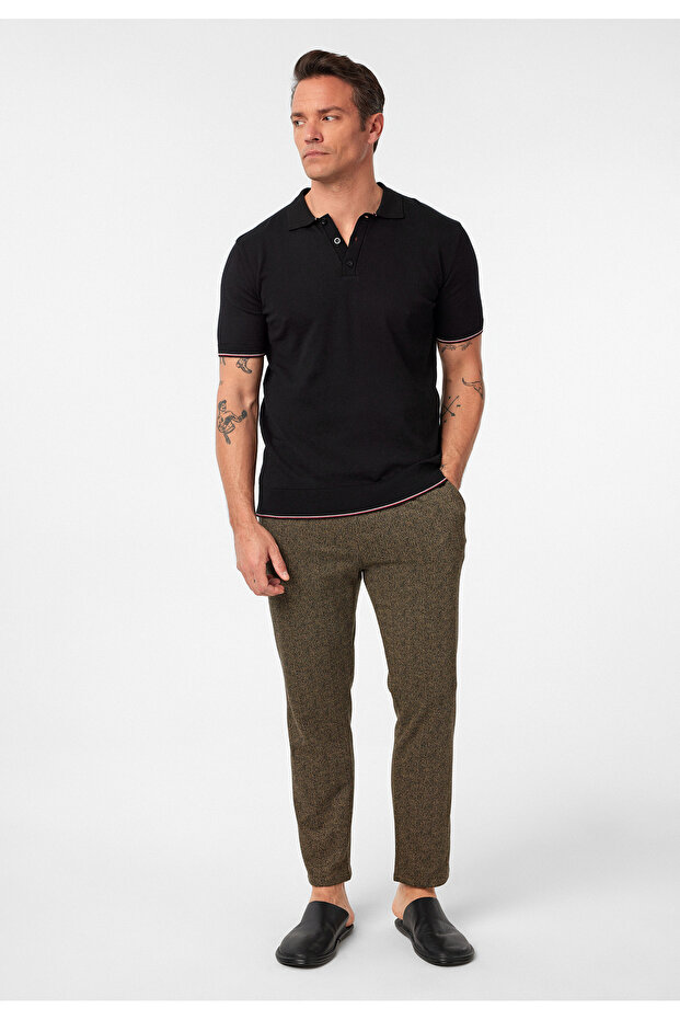 Constantin Men's Black Regular Short Sleeve Buttoned Striped Slim Knitwear Polo Neck T-Shirt