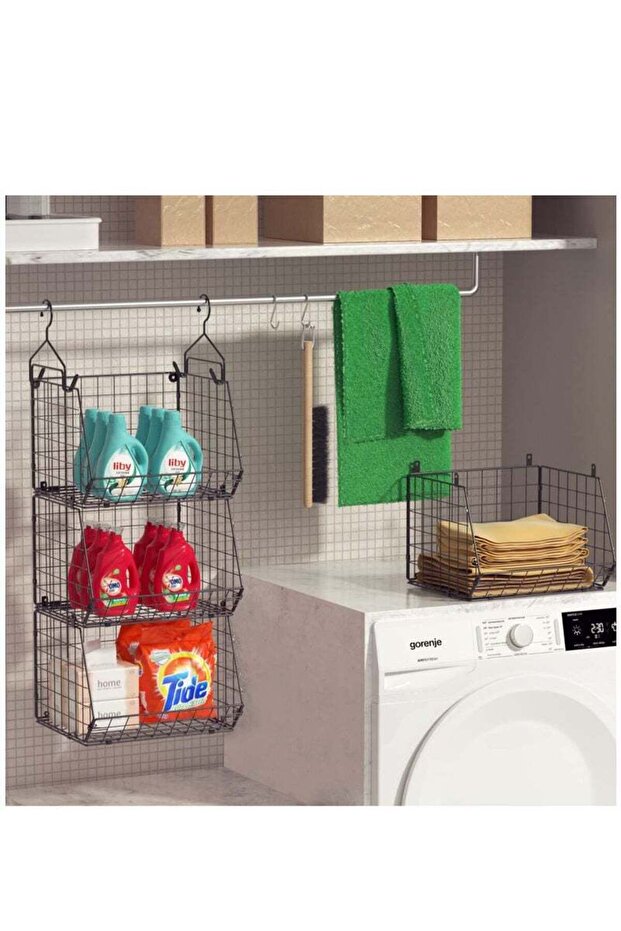 5-layer hanging metal storage basket, layered design, stackable, with 4 hooks, for storing clothes - 7