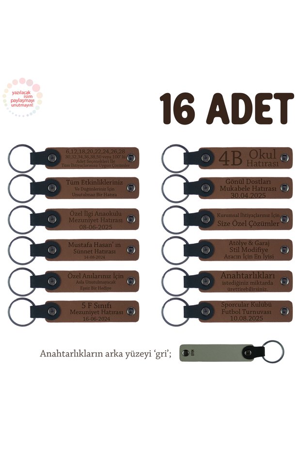 Set of 16 Memory Keychains with Names, Light Brown & Gray for 40 Kite Mevlüdü