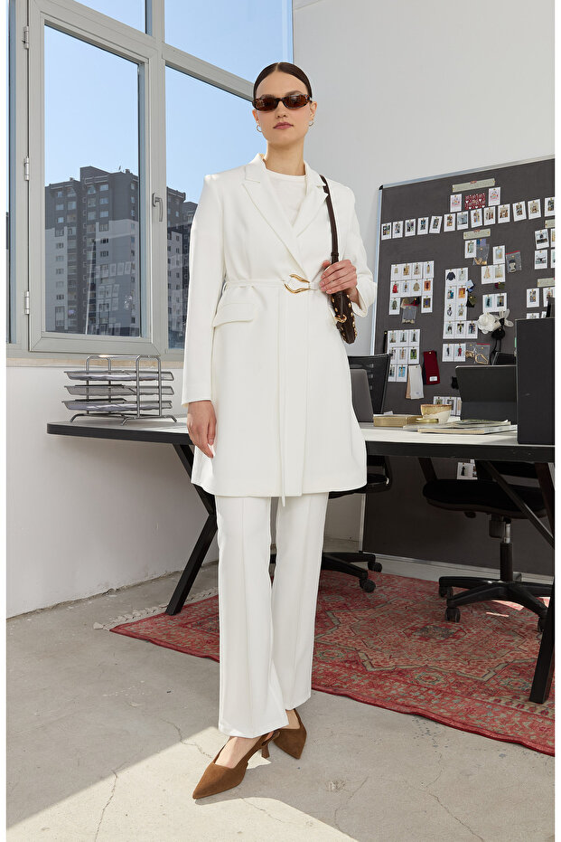 Double Ekru Palazzo Tek Ceket - 4