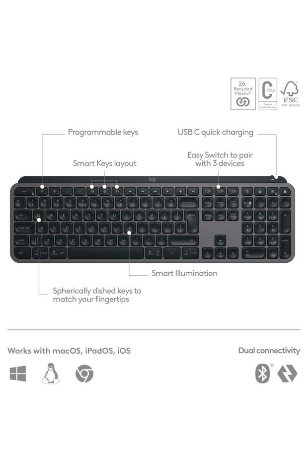 Tastatură wireless Logitech MX Keys S, Iluminare, Palmrest, 2.4GHz&Bluetooth,USB-C, US INTL layout - 7