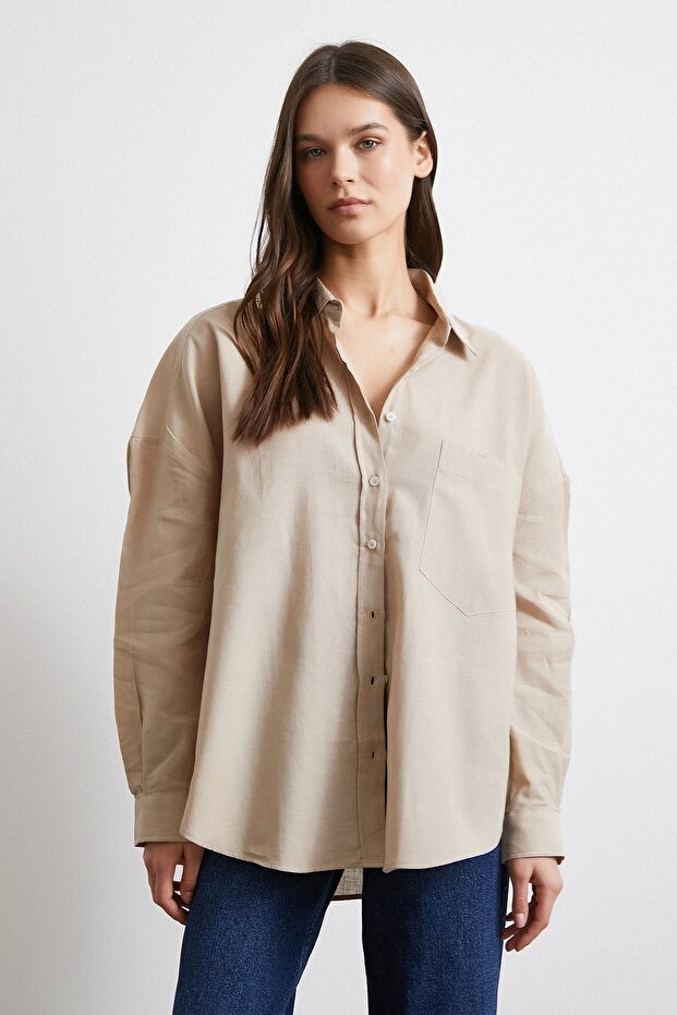 Cepli Oversize Keten Gömlek Bej - 4
