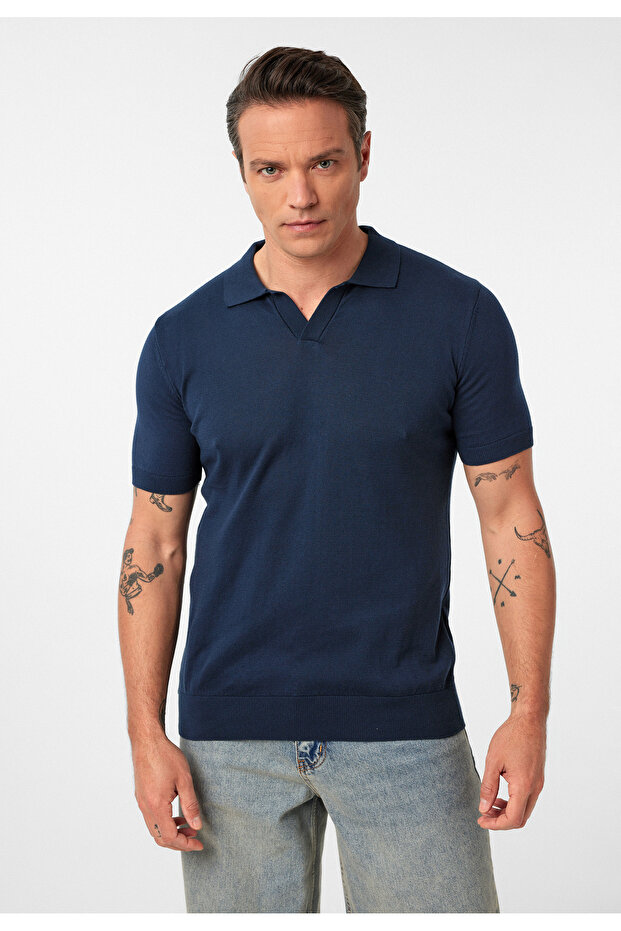 Gerhard Men's Navy Blue Soft Thin Basic Short Sleeve Buttonless Polo Neck Knitwear T-Shirt